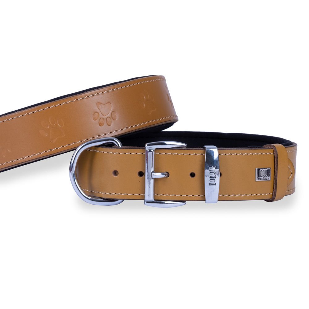 Doggie Konforlu Gerçek Deriden El Yapımı Pati Desenli Köpek Boyun Tasması 4x57-65cm - Camel