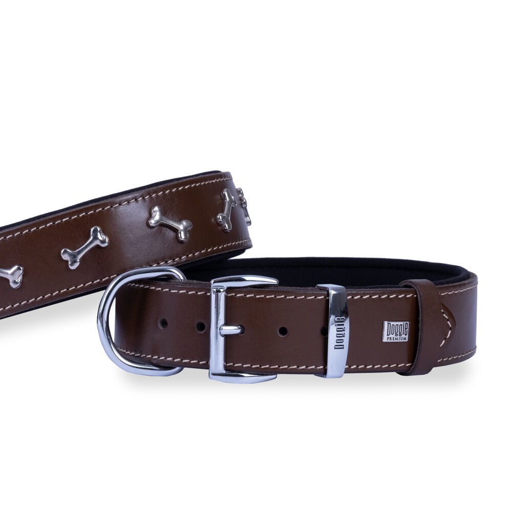 Doggie Konforlu Gerçek Deriden El Yapımı Kemik Süslü Köpek Boyun Tasması 4x57-65cm