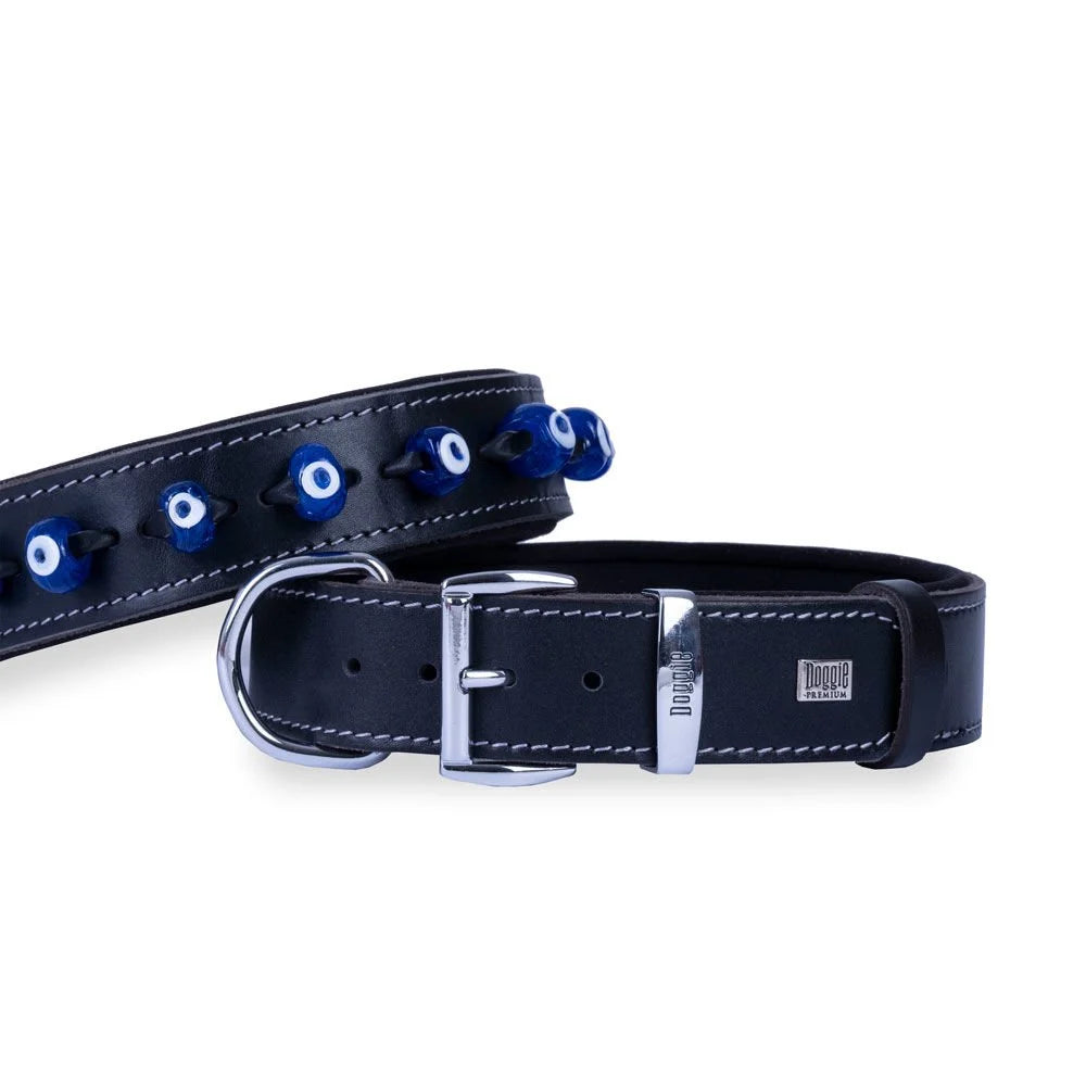 Doggie Konforlu Gerçek Deriden El Yapımı Nazar Boncuklu Köpek Boyun Tasması 4x57-65cm