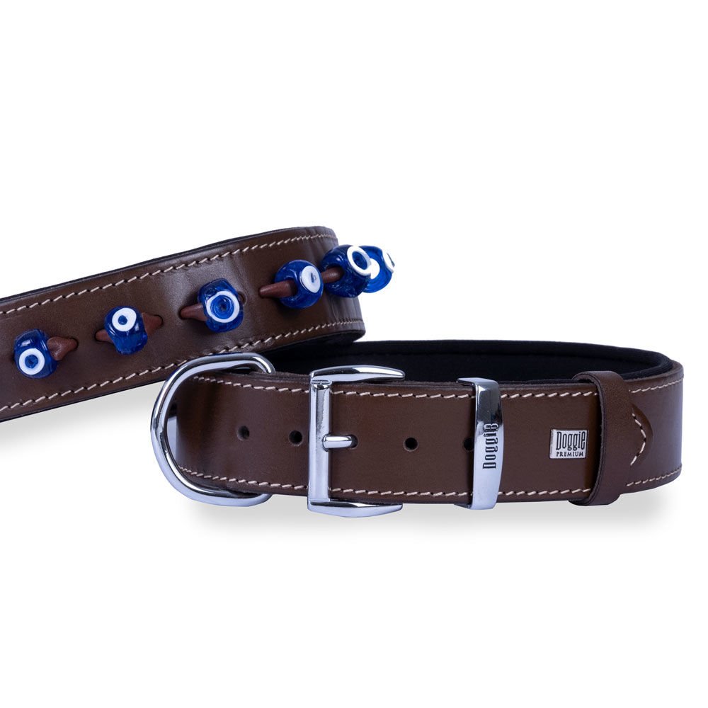 Doggie Konforlu Gerçek Deriden El Yapımı Nazar Boncuklu Köpek Boyun Tasması 4x57-65cm