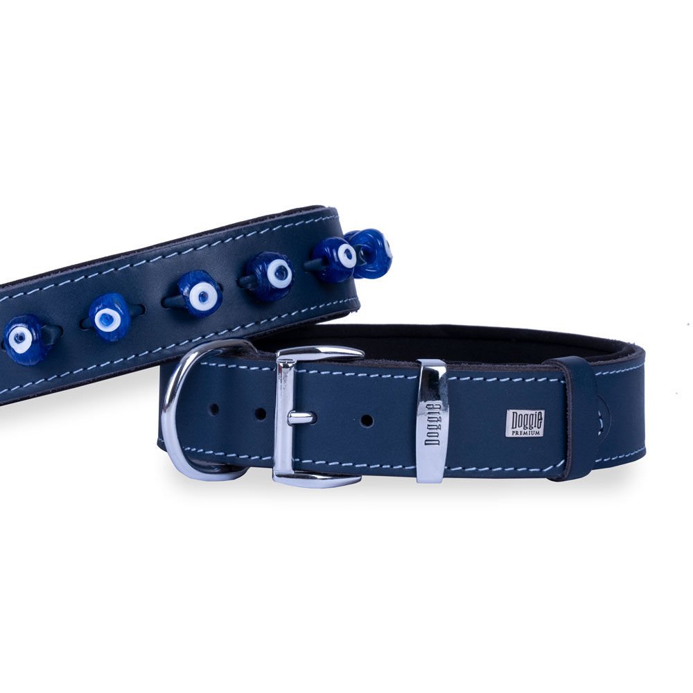 Doggie Konforlu Gerçek Deriden El Yapımı Nazar Boncuklu Köpek Boyun Tasması 4x57-65cm