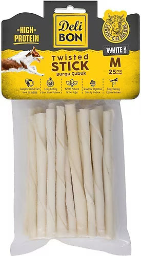 Delibon Beyaz Deri Burgu Çubuk Kemik Köpek Ödülü 25'li Medium